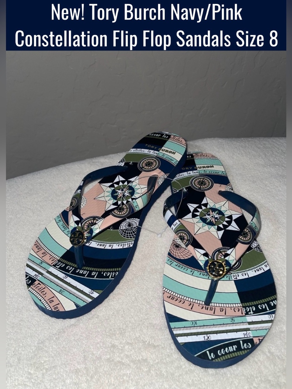 New! Tory Burch Navy/Pink Constellation Flip Flop Sandals Size 8-NIB